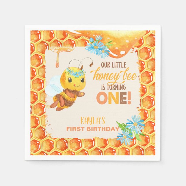 Serviette En Papier Abeille Premier Anniversaire Napkin - Fille - Pers (Devant)
