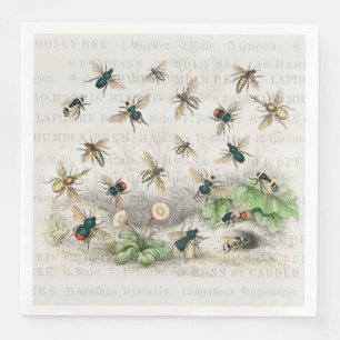 Serviette En Papier Abeille Reine Entomologie Botanique Vintage