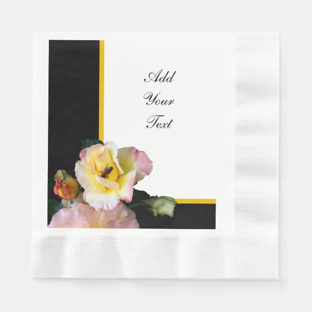 Serviette En Papier Abeille sur roses rose jaune Fleurs (Devant)