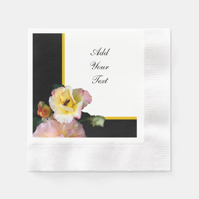 Serviette En Papier Abeille sur roses rose jaune Fleurs (Devant)