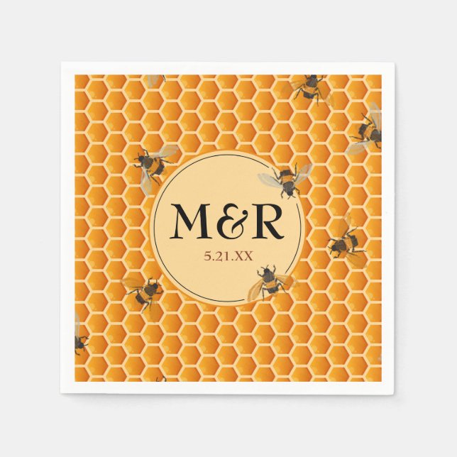 Serviette En Papier Abeilles n'Honeycomb Monogram Satin Gold (Devant)