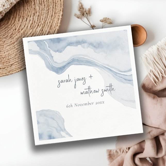 Serviette En Papier Abstrait Blue Coastal Beach Watercolor Mariage (Créateur téléchargé)