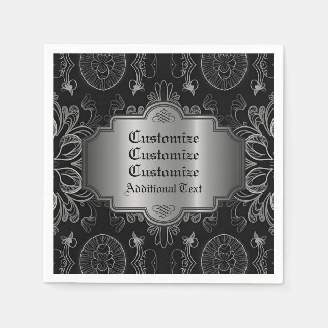 Serviette En Papier Abstrait Floral Noir Et Argent (Devant)