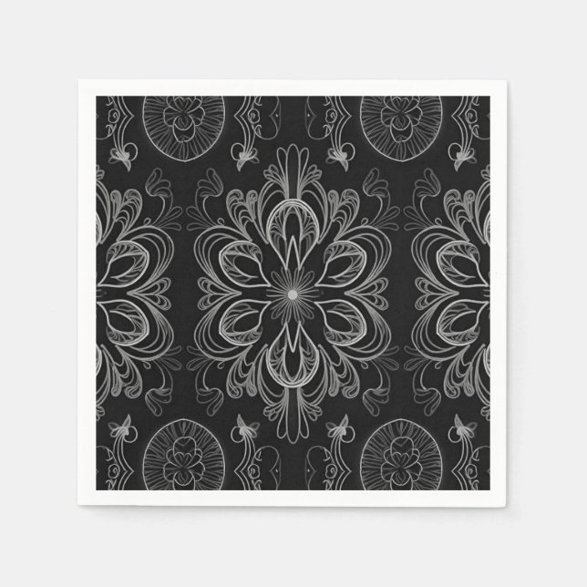 Serviette En Papier Abstrait Floral Noir Et Motif Argent (Devant)