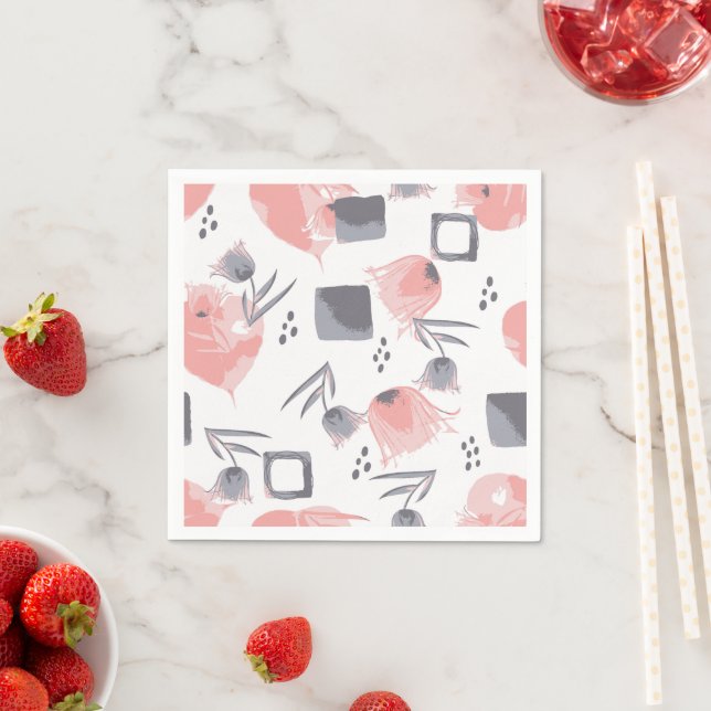 Serviette en papier abstrait floral rose pastel, m (En situation)