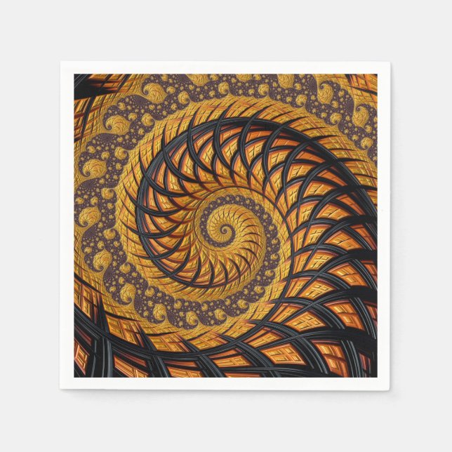 Serviette En Papier Abstraite spirale noire et or Fractale (Devant)