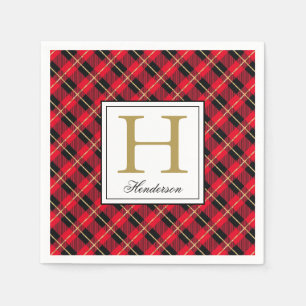 Serviette En Papier Accents or de la carte rouge moderne, Monogrammé