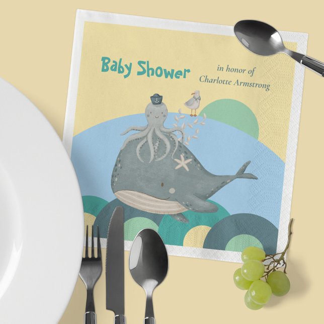 Serviette En Papier Adorable Baby shower Jaune de calmar de baleine na (Adorable Nautical Whale Squid Yellow Baby Shower Napkins ©Susanne Sachers - Sunny Mind Design 🌞)