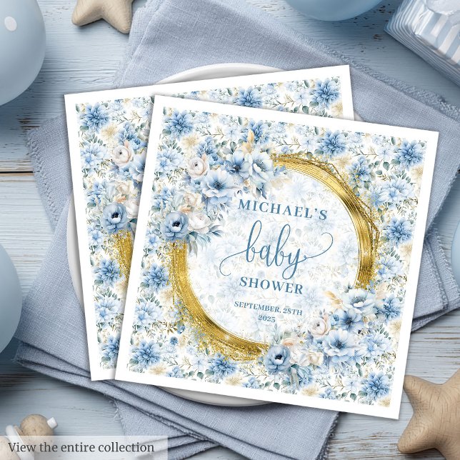 Serviette En Papier Adorable bleu poussiéreux fleurs or garçon baby sh (Adorable dusty blue flowers gold boy baby shower Paper Dinner Napkins)