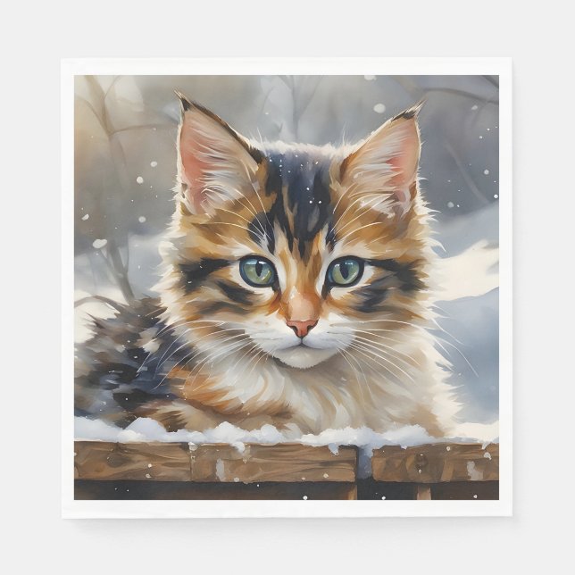 Serviette En Papier Adorable Calico Chat dans la neige (Devant)