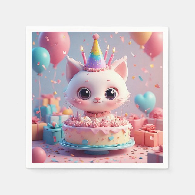 Serviette En Papier Adorable chat Animé célébrant un anniversaire (Devant)