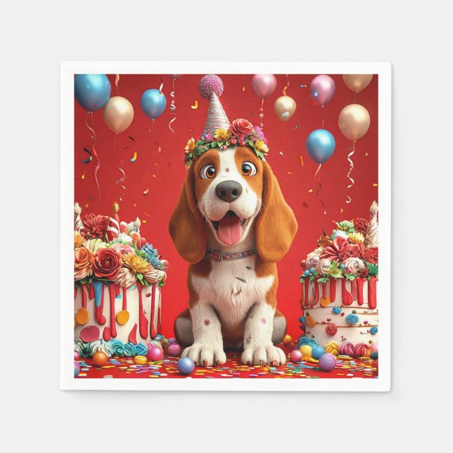 Serviette En Papier Adorable chien Beagle célébrant l'anniversaire (Devant)