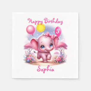 Serviette En Papier Adorable Eléphant d'anniversaire rose avec ballons