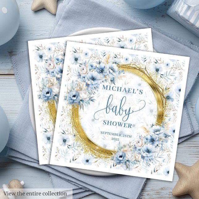 Serviette En Papier Adorable pastel bleu fleurs baby shower or (Adorable pastel blue flowers gold baby shower paper dinner napkins)