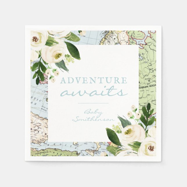 Serviette En Papier Adventure Await Baby shower Floral Map Custom Nap (Devant)