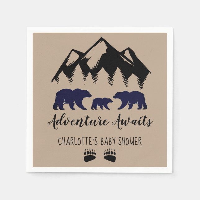 Serviette En Papier Adventure Await Bears Kraft Baby shower serviettes (Devant)