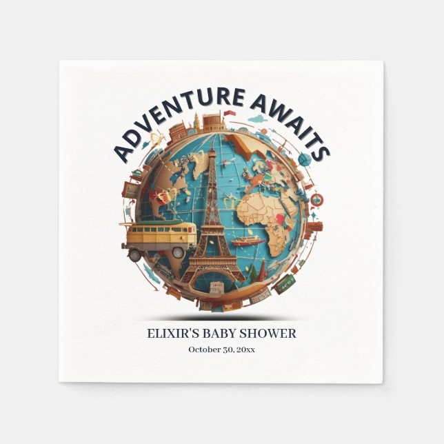 Serviette En Papier Adventure Await Modern Globe Baby shower (Devant)