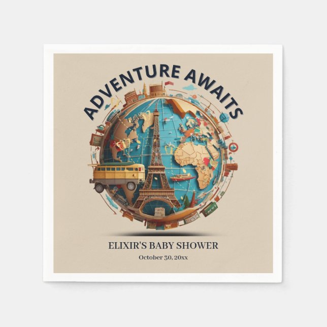 Serviette En Papier Adventure Await Modern Globe Baby shower (Devant)