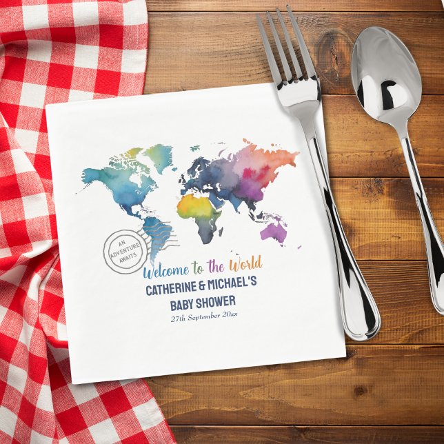 Serviette En Papier Adventure Await World Map Baby shower de voyage (Créateur téléchargé)