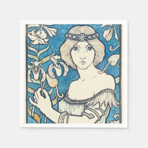 Serviette En Papier Affiche d'art vintage femme florale bleue Art Nouv