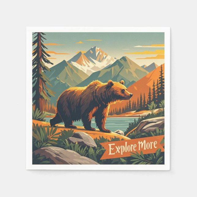 Serviette En Papier Affiche de dessin animé ours de style rétro et cha (Devant)