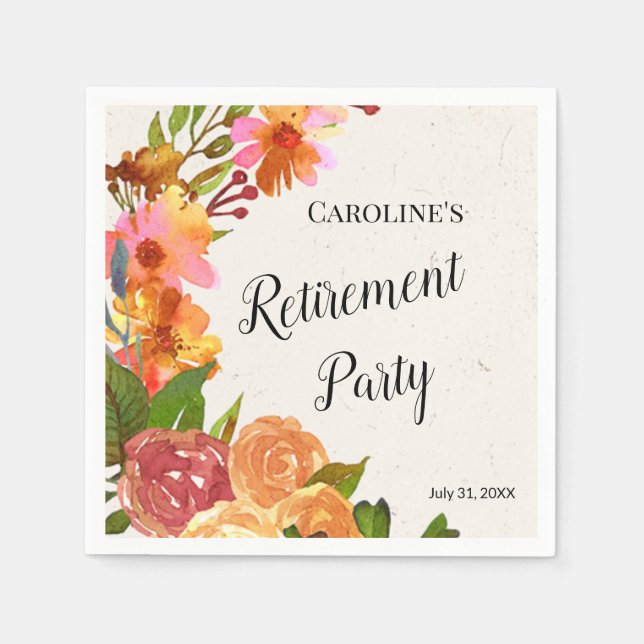 Serviette En Papier Affiche de fête de retraite à l'aquarelle florale (Devant)