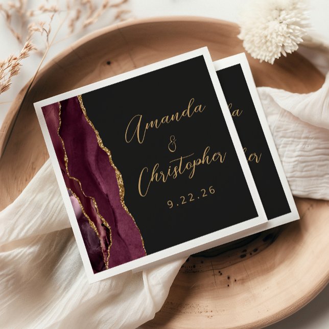 Serviette En Papier Agate Bourgogne Or Script Sombre Mariage (Créateur téléchargé)