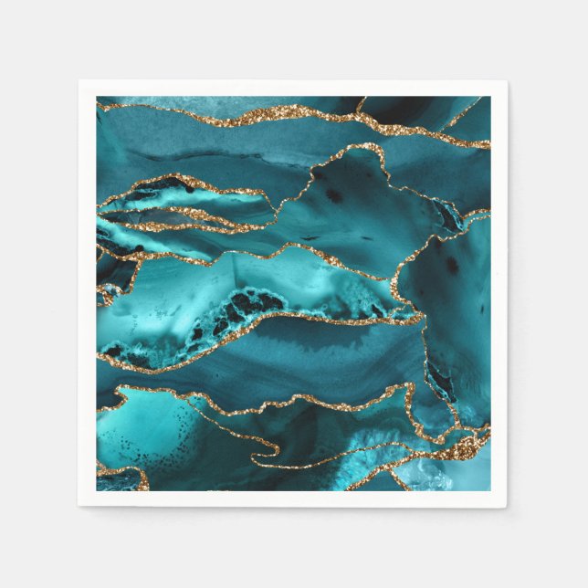 Serviette En Papier Agate de Parties scintillant bleue et or (Devant)