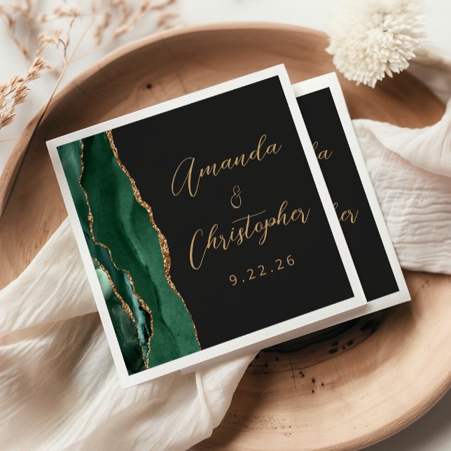 Serviette En Papier Agate Emerald Green Gold Script Mariage foncé (Créateur téléchargé)