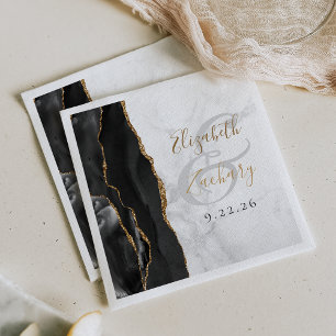 Serviette En Papier Agate Geode Script Black Gold Marble Mariage