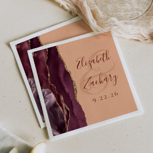Serviette En Papier Agate Geode Script Burgundy Gold Peach Mariage
