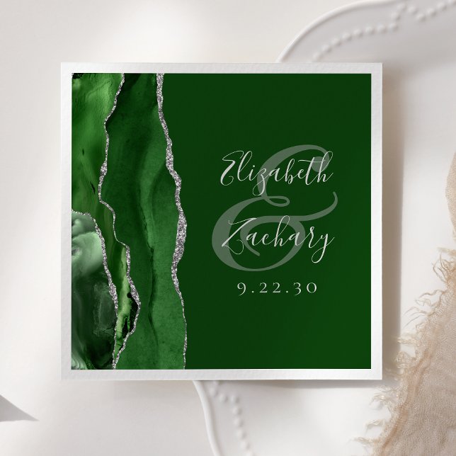 Serviette En Papier Agate Geode Script Hunter Green Silver Wedding (Créateur téléchargé)