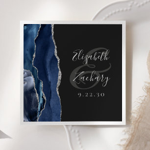 Serviette En Papier Agate Geode Script Marine Blue Silver Dark Mariage