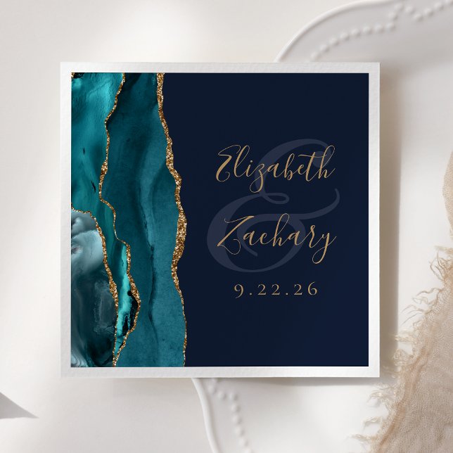 Serviette En Papier Agate Géode Script Turquoise Gold Marine Blue Mari (Créateur téléchargé)