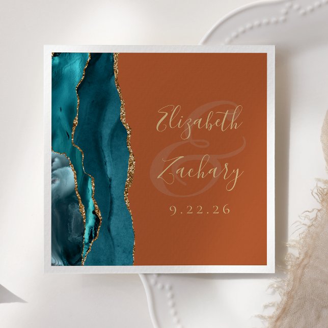 Serviette En Papier Agate Geode Script Turquoise Or Orange Mariage (Créateur téléchargé)