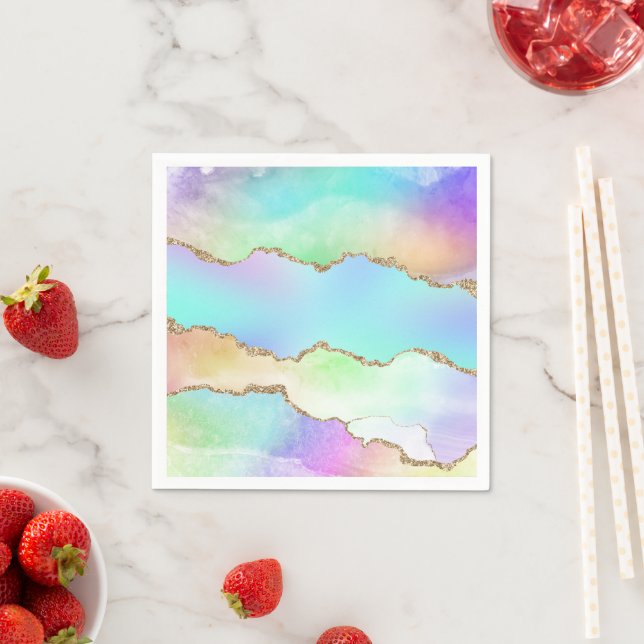 Serviette En Papier Agate Holo | Faux Iridescente Pastel Ombre Marble (En situation)