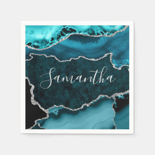 Serviette En Papier Agate Marbre Paillettes Sarcelle et Faux Argent