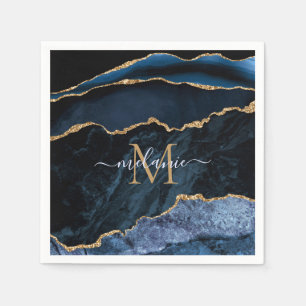 Serviette En Papier Agate Marine Blue Gold Gemstone Marble Nom du mono