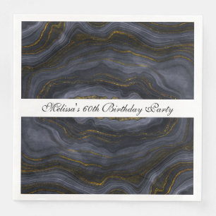 Serviette En Papier Agate moderne Black & Gold Pierre Abstrait Anniver