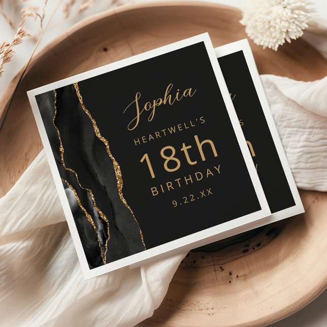 Serviette En Papier Agate Noire Or Script Anniversaire 18 Ans Sombre (Créateur téléchargé)
