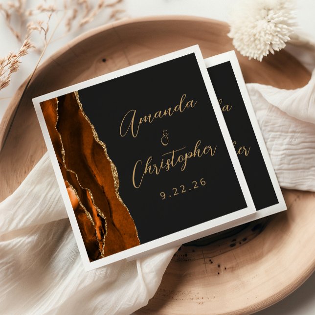 Serviette En Papier Agate Orange Brûlé Or Script Mariage Sombre (Créateur téléchargé)