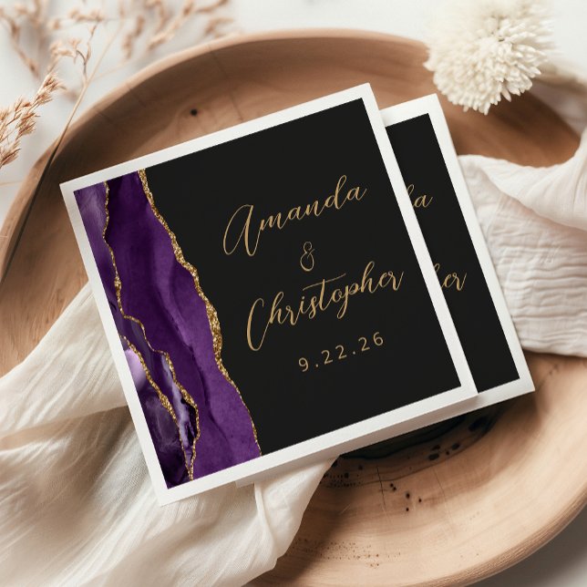 Serviette En Papier Agate Purple Gold Script Mariage foncé (Créateur téléchargé)
