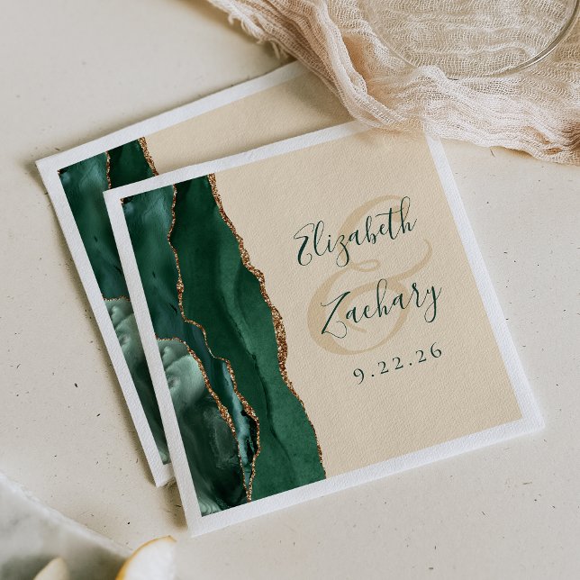 Serviette En Papier Agate Script Émeraude Vert Or Champagne Mariage (Créateur téléchargé)
