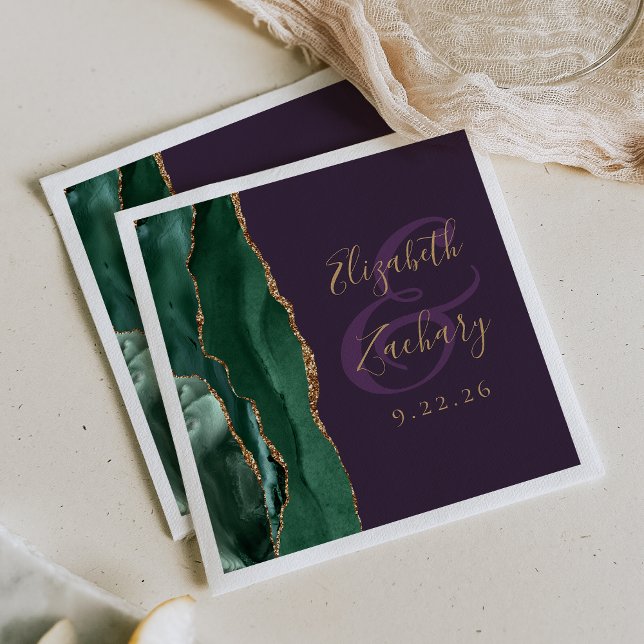 Serviette En Papier Agate Script Émeraude Vert Or Violet Mariage (Créateur téléchargé)