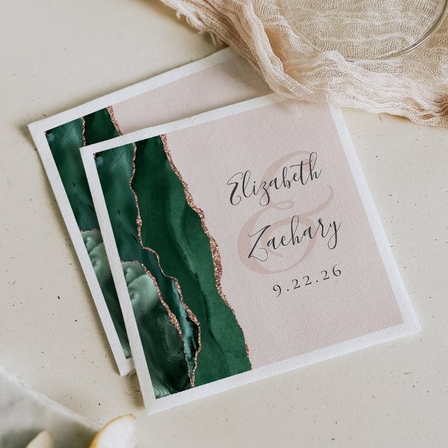 Serviette En Papier Agate Script Vert Émeraude Rose Gold Blush Mariage (Créateur téléchargé)