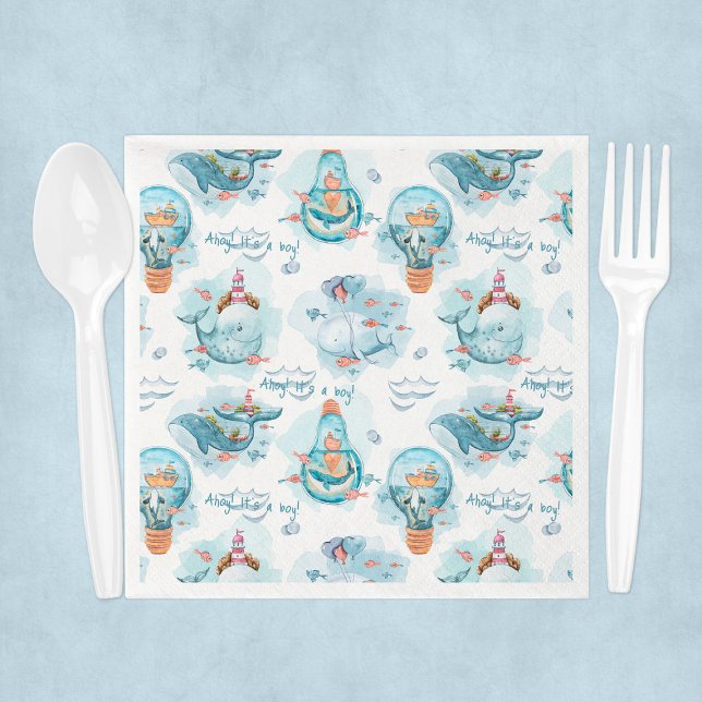 Serviette En Papier Ahoy C'est un garçon Baby shower baleine Invité (Ahoy It's A Boy Whale Baby Shower Guest Napkins
)