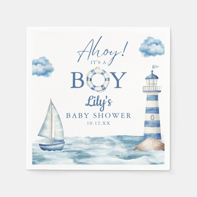 Serviette En Papier Ahoy C'Est Un Garçon Baby shower Nautique (Devant)