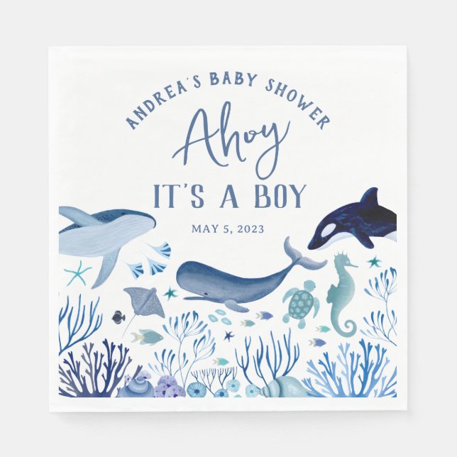 Serviette En Papier Ahoy C'est un Garçon Bleu sous le Baby shower mari (Devant)