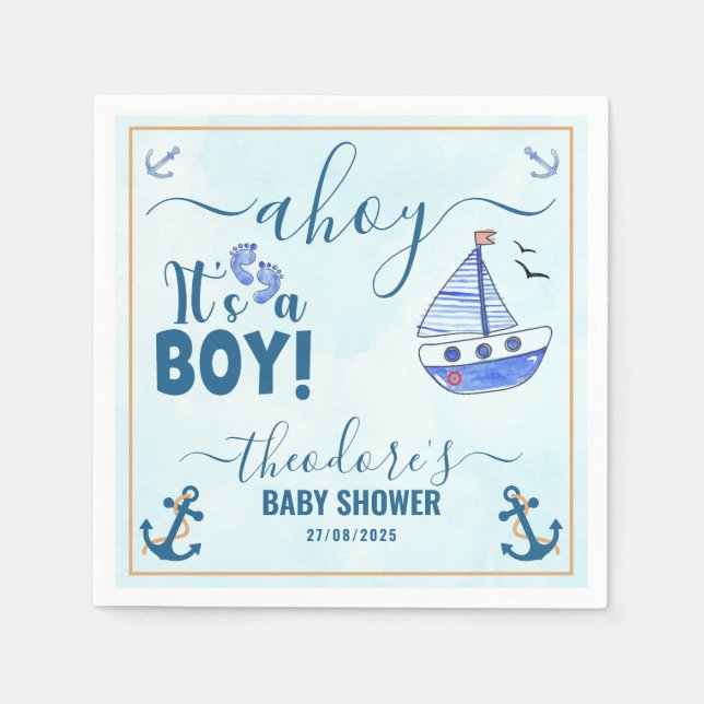 Serviette En Papier Ahoy est un Boy Sailboat Baby shower aquarelle (Devant)