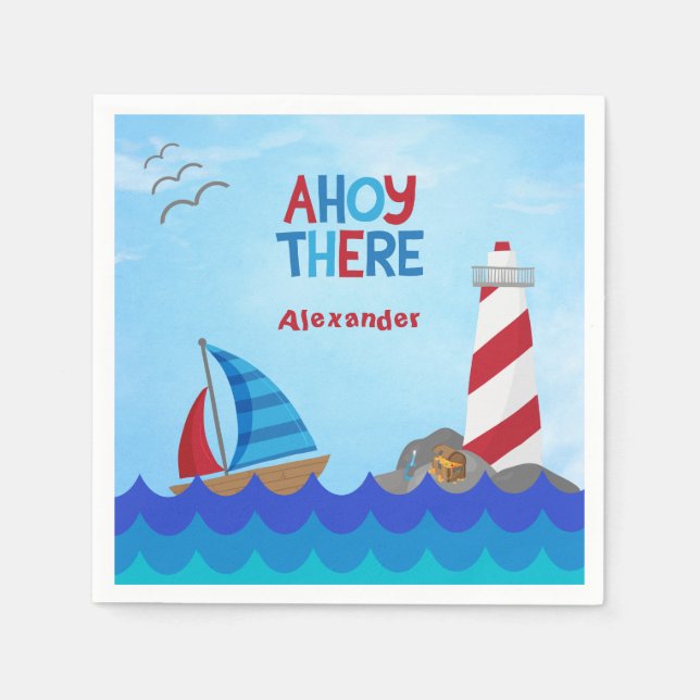 Serviette En Papier "Ahoy There" Nautical Sailboat Lighthouse Treasure (Devant)